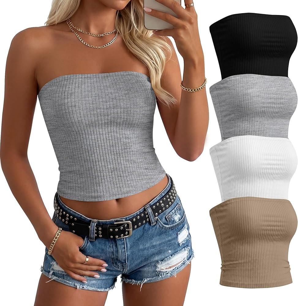 Huukeay 4 Pack Women's Cotton Tube Tops Strapless Ribbed Knit Backless Bandeau Cute Summer Tube T... | Amazon (US)