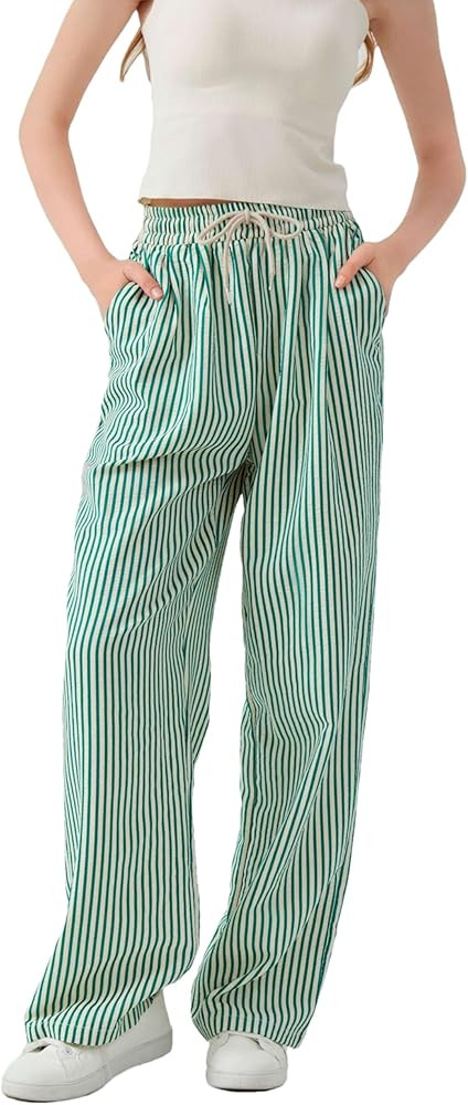 Women's Casual Striped Wide Leg Pants Y2k Drawstring Elastic High Waisted Trousers Loose Lounge P... | Amazon (US)