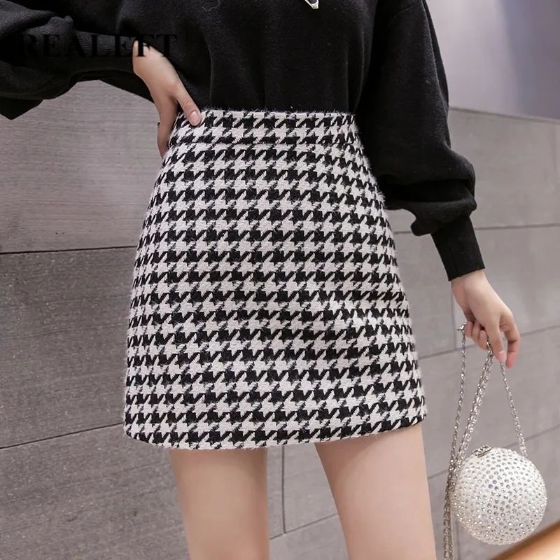 REALEFT Autumn Winter Stylish Houndstooth Skirt Women Woolen Skater Skirts High Waist A Line Sexy... | DHGate