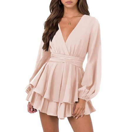 BEELADAN Women s Dress Deep V-Neck Long Sleeve Waist Tie Ruffle Mini Swing Skater Dresses | Walmart (US)