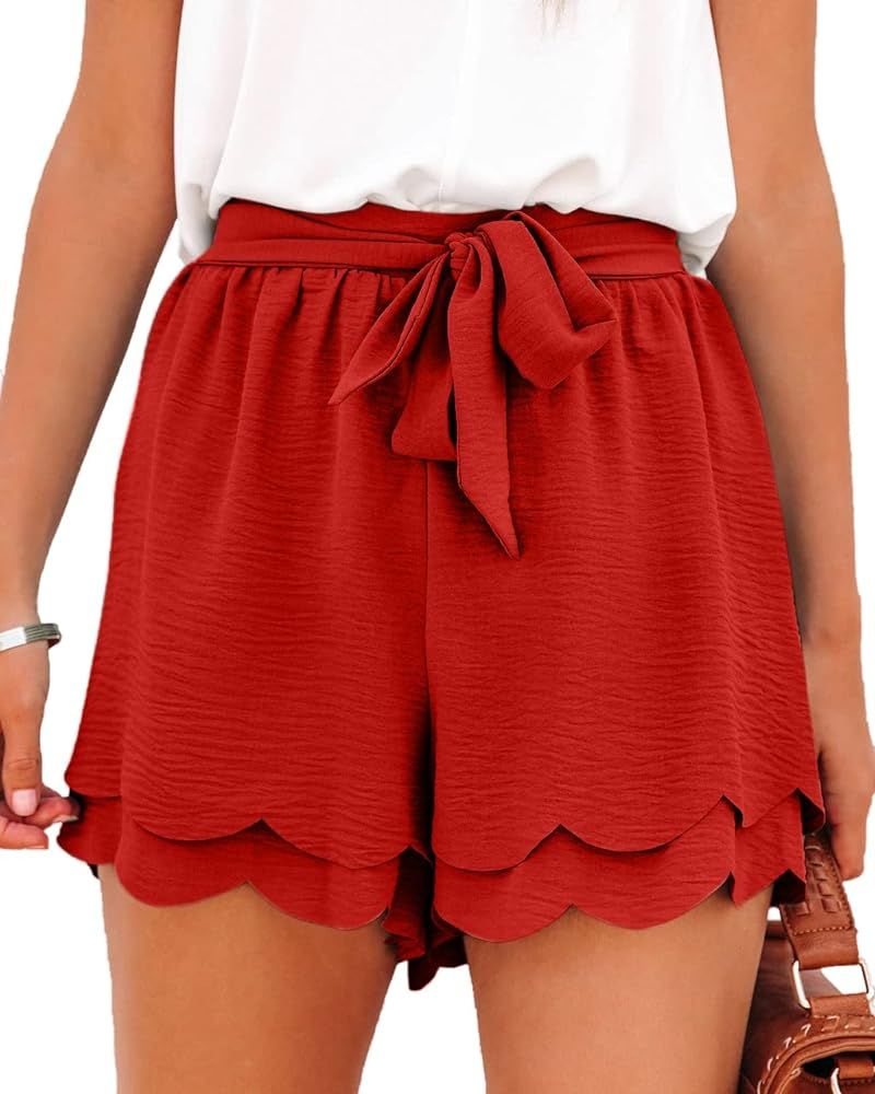 Shorts for Women Layered Petals Bowknot Tie Waist Drawstring Casual Shorts with Pockets | Amazon (US)