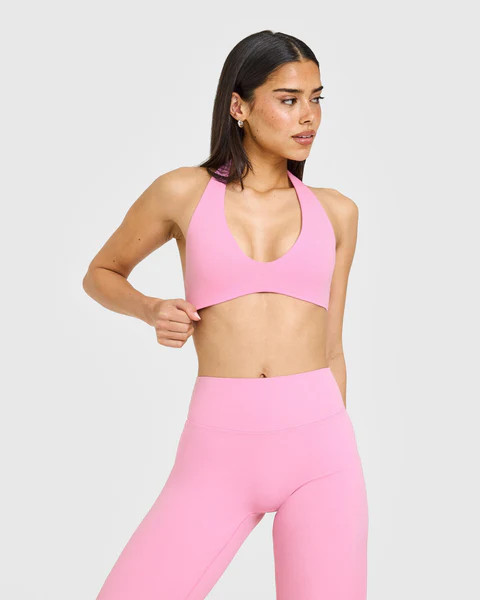 SoftMotion™ Minimal Halter Neck Bralette with White Logo 
 Rose Pink | Oner Active (UK / US)