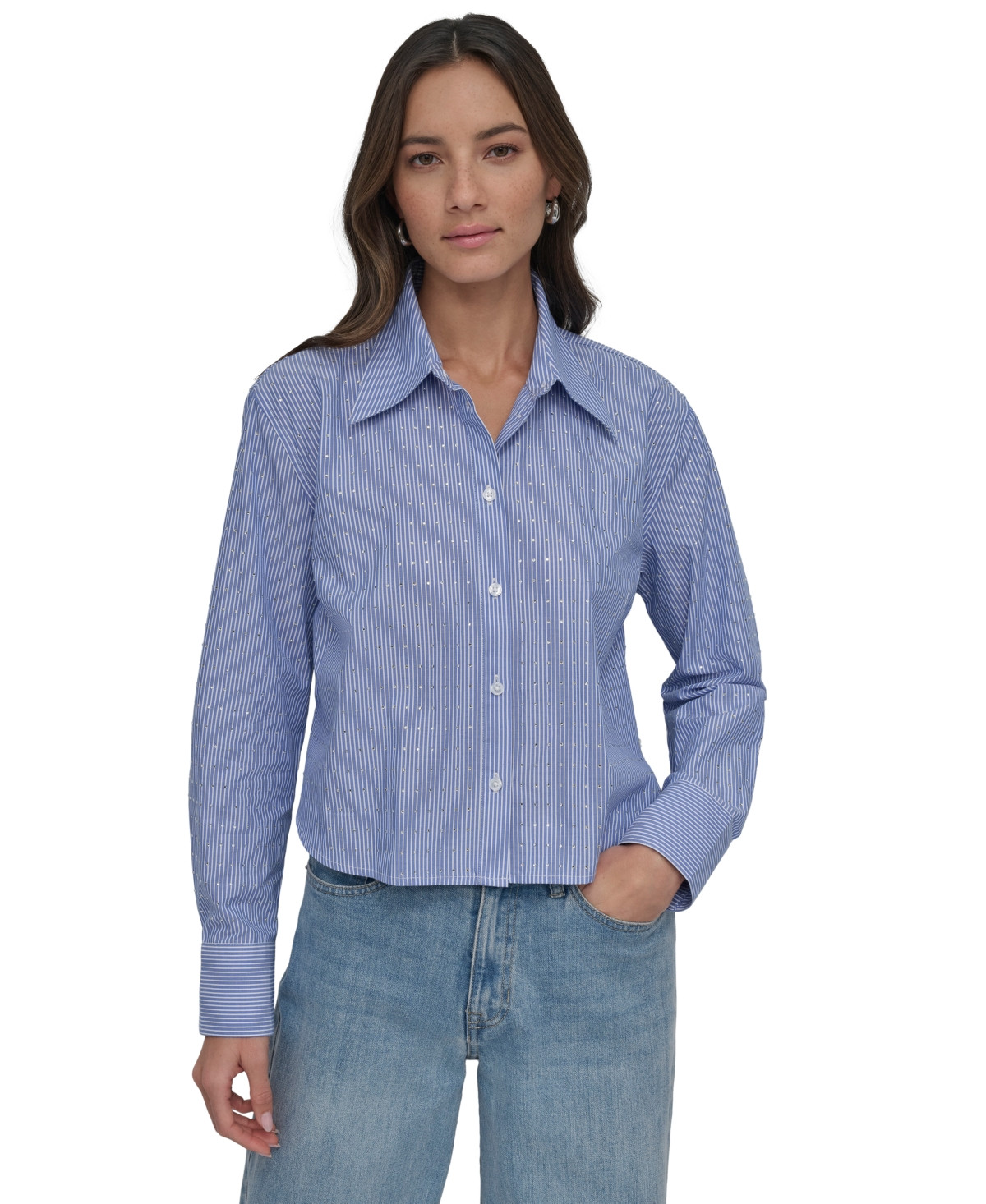 Dkny Jeans Women's Striped Poplin Studded Rhinestone Cotton Long-Sleeve Button-Front Shirt - Blue Bell Combo | Macy's