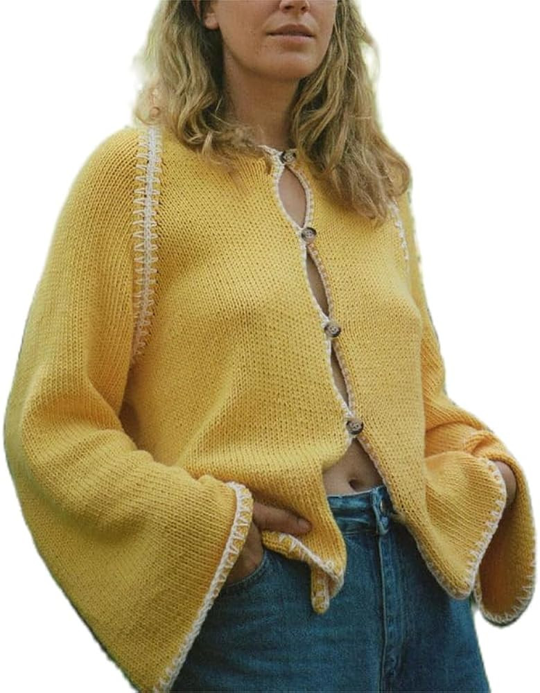 Women Button Down Cardigan Sweater Y2k Color Block Round Neck Long Sleeve Tops 2024 Chunky Knit F... | Amazon (US)
