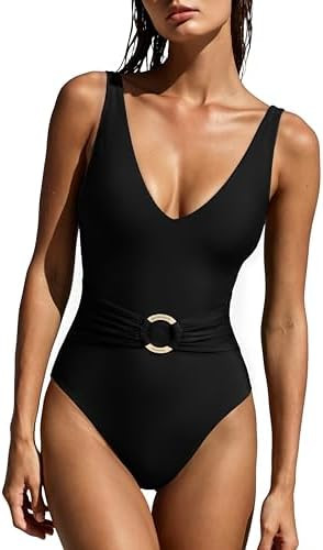 SUUKSESS Women Retro One Piece Swimsuit Metal Tummy Control V Neck Bathing Suit | Amazon (US)