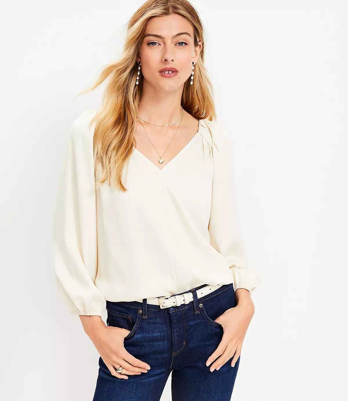 Pleated Sleeve V-Neck Top | LOFT