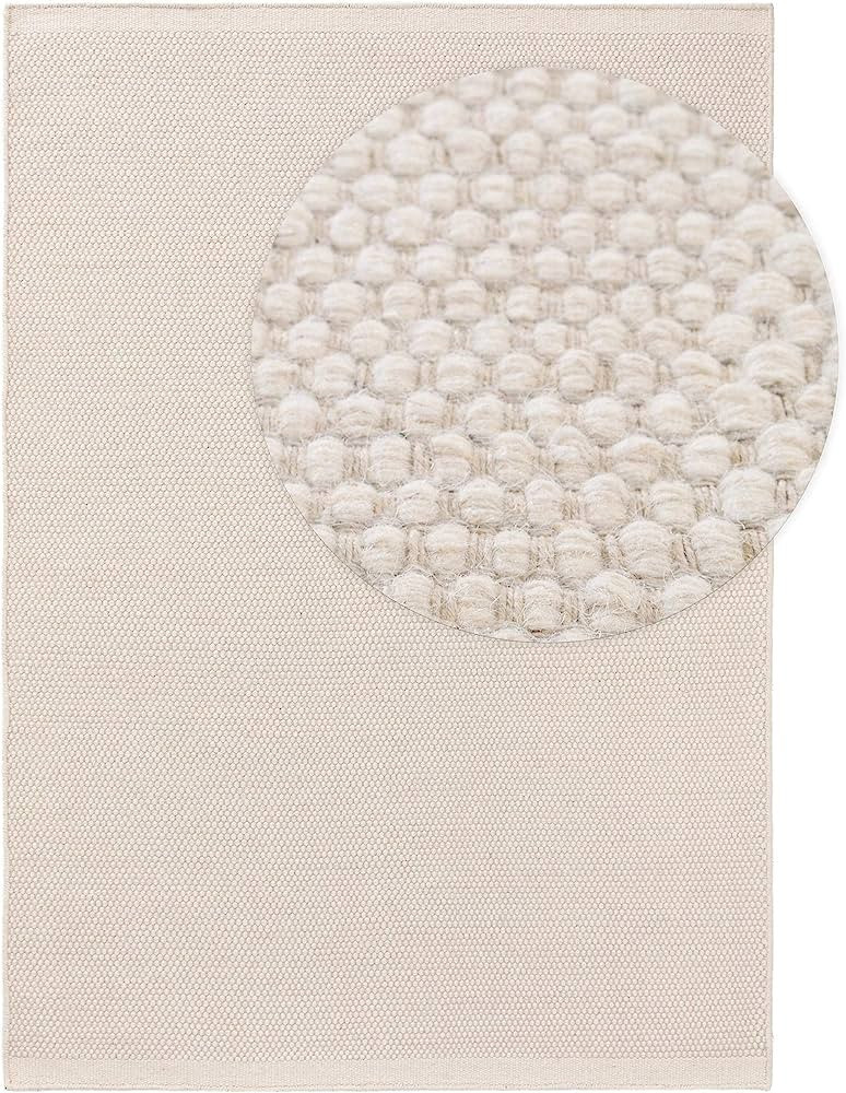 benuta Rocco Wool Rug White 140 x 200 cm Short Pile Flat Weave for Living Room, Bedroom, Dining R... | Amazon (UK)