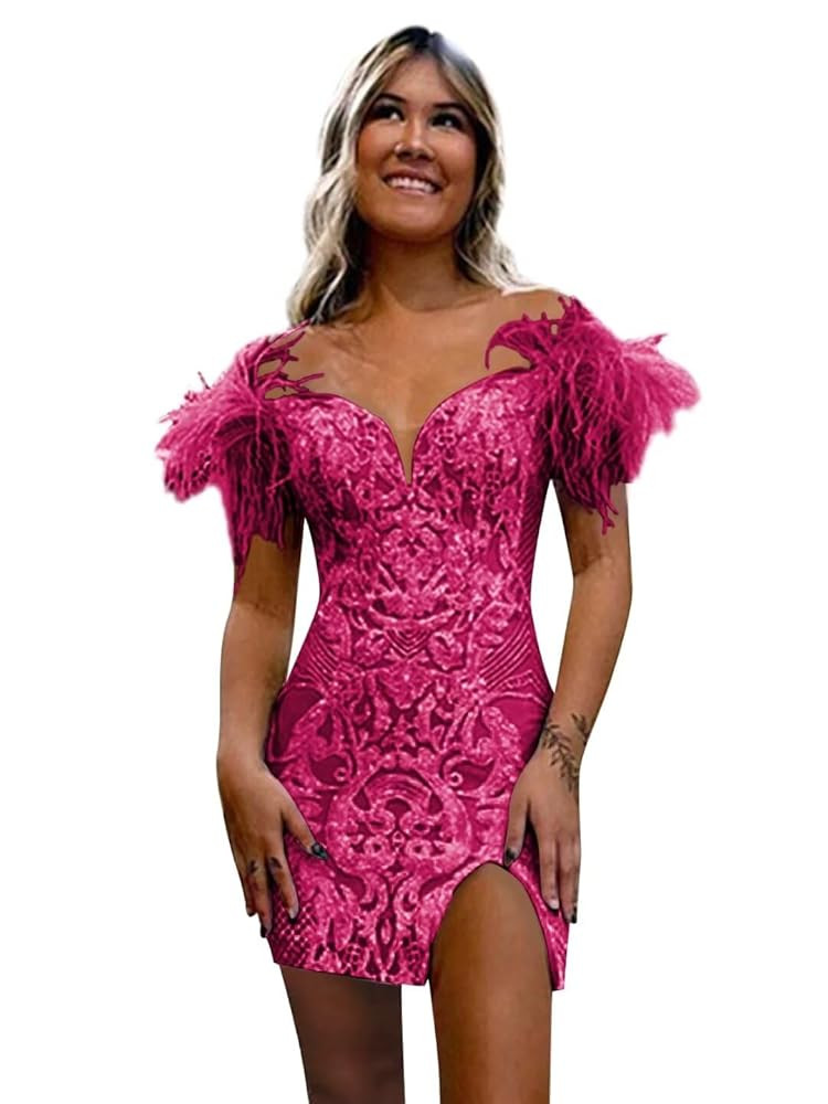 Off The Shoulder Homecoming Dresses with Feather Sparkly Sequin Short Prom Cocktail Dress | Amazon (US)