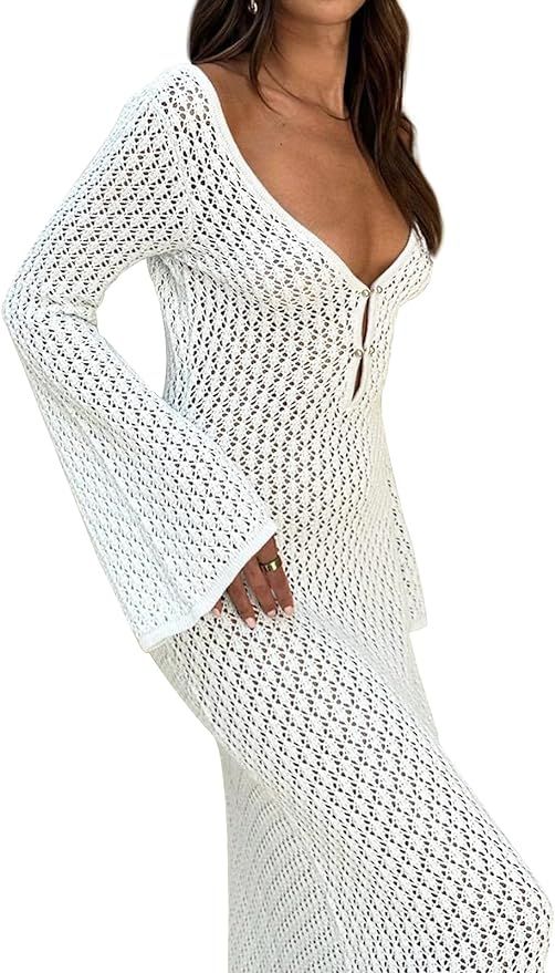 Crochet Swimsuit Cover Up for Women V Neck Maxi Beach Dress Long Sleeve Beachwear Hollow Out Biki... | Amazon (US)