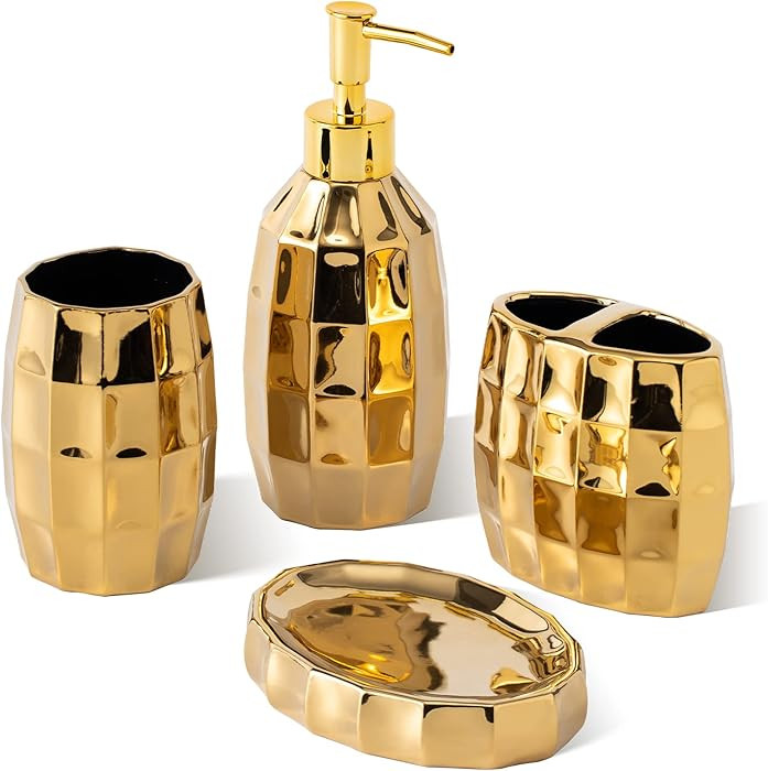Bathroom Accessories Set, Golden Mosaic Ceramic Bathroom Accessory Sets Include Lotion Dispenser,... | Amazon (US)