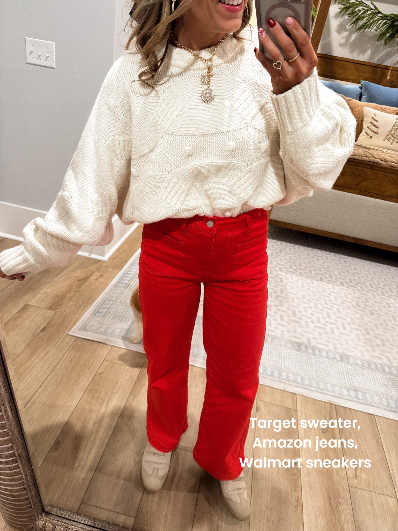 Tonight’s outfit = comfy, cute, and easy to recreate 🤍
Wearing a Target sweater paired with these Amazon red jeans that are SUCH a good fit — stretchy, flattering, and perfect for dressing up or down. Finished the look with my Walmart sneakers because they’re comfortable, affordable, and go with everything.

This is one of my favorite ways to mix retailers for an affordable everyday outfit that still feels put together. Great for dinner plans, errands, casual nights out, or just when you want a little pop of color in your look.

✨ Target sweater
✨ Amazon red jeans
✨ Walmart sneakers
✨ Budget-friendly + wearable

Everything is linked in LTK so you can shop the full outfit 💕

#TargetStyle #AmazonFashion #WalmartFashion #AffordableOutfits #EverydayStyle #CasualChic #RedJeans #WinterOutfits #BudgetFriendlyFashion #MomStyle #OOTN #LTKFinds #LTKUnder50 #StyleOnABudget
