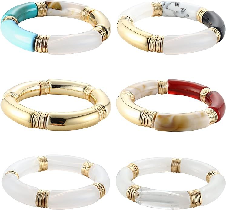 Magitaco 6Pcs Bamboo Tube Bangles Bracelet Chunky Curved Stacking Clear Acrylic Colorful Beads St... | Amazon (US)