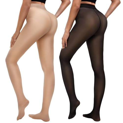Bebila 2 Pairs Fleece Lined Tights Women Thermal Leggings Sheer Pantyhose Fake Translucent Warm Winter | Amazon (US)