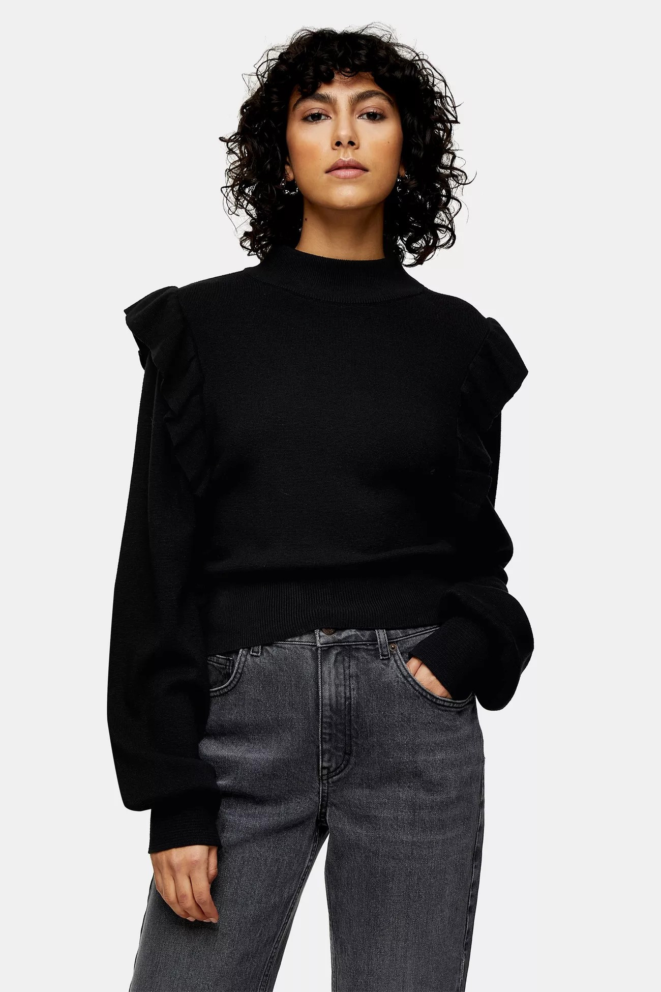 IDOL Black Ruffle Front Knitted Sweatshirt Jumper | Topshop UK