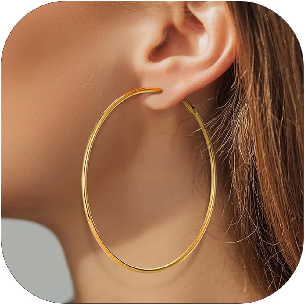KeyStyle Gold Hoop Earrings for Women, Stainless Steel Hoops Earring Lightweight Loops, 2 mm Thic... | Amazon (US)