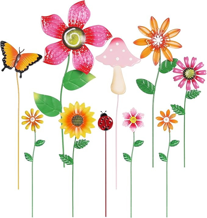 Garden Decor for Outside, Set of 10 Metal Flowers Garden Stakes with Mushroom Butterfly Ladybug f... | Amazon (US)