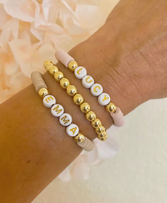 Personalized Heishi Beaded Name Bracelet, Custom Beaded Word Bracelet, Heishi Bracelet, Gold Ball... | Etsy (US)