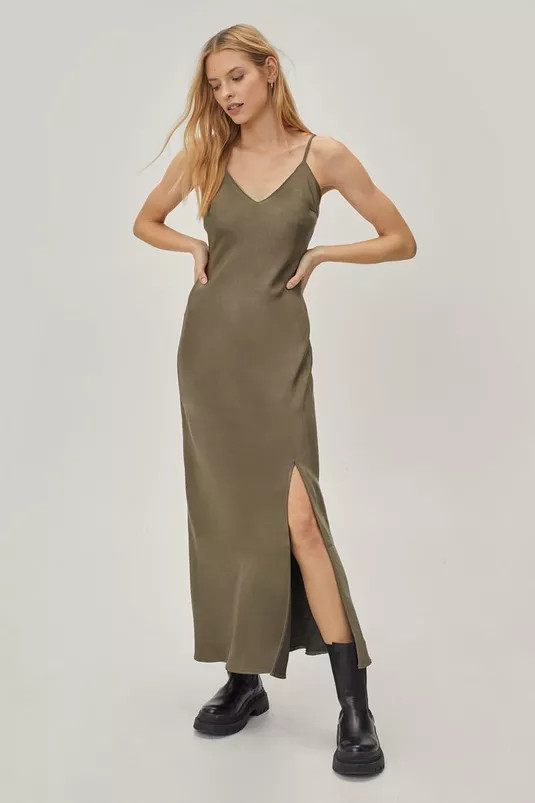 Satin Bias Hem V Neck Midi Dress | Nasty Gal (US)