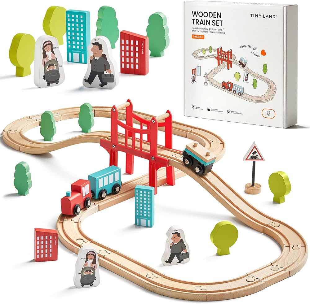 Tiny Land Wooden Train Set for Toddler - 39 Pcs- with Wooden Tracks fits Thomas, fits Brio, fits ... | Amazon (US)