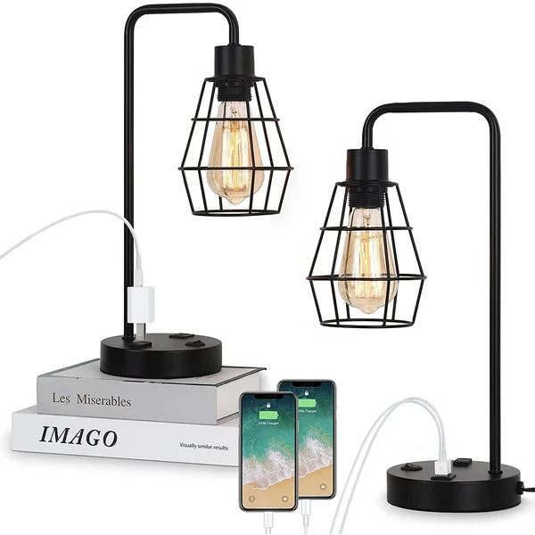 Industrial Table Lamps Set Of 2 - Modern Black Bedside Lamp With Dual Usb Charging Ports And Ac O... | Wayfair North America