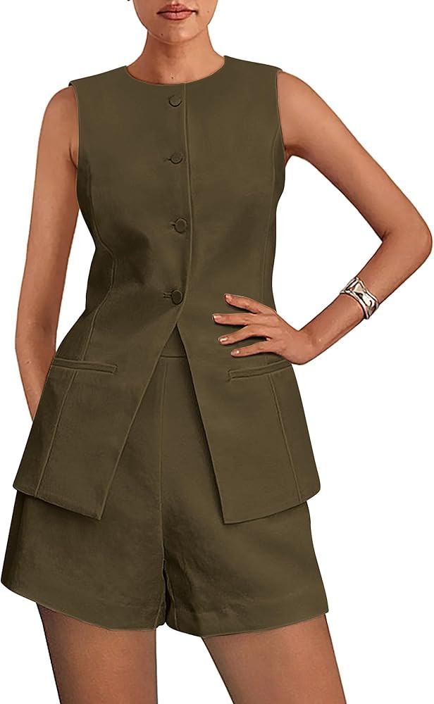 PRETTYGARDEN Women's 2 Piece Sets 2025 Summer Trendy Button Down Suit Vest Tops High Waisted Shor... | Amazon (US)
