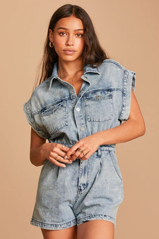 Head Backstage Light Wash Denim Short Sleeve Romper | Lulus (US)