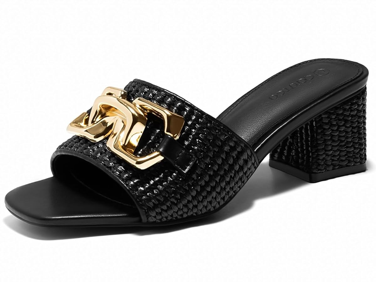 Coutgo Womens Raffia Slide Sandals Chunky Block Heeled Square Open Toe Metal Chain Slip on Mules ... | Amazon (US)