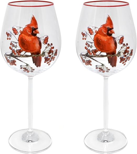 Christmas Stemmed Wine Glasses Set of 2 Festive Red Cardinal Bird Xmas Drinking Cups Goblets with... | Amazon (US)