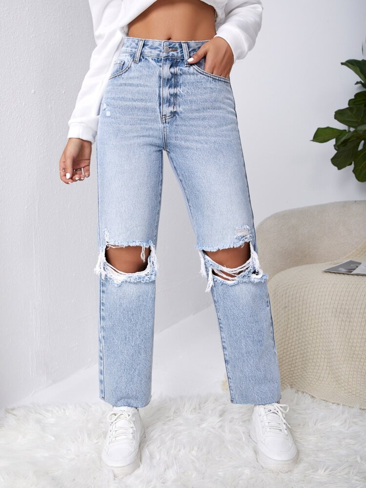 Ripped Raw Cut Straight Leg Jeans | SHEIN