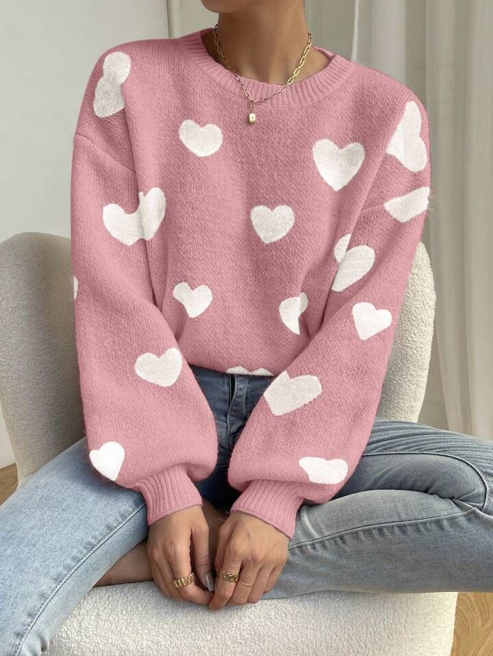 SHEIN Qutie Heart Pattern Round Neck Sweater | SHEIN