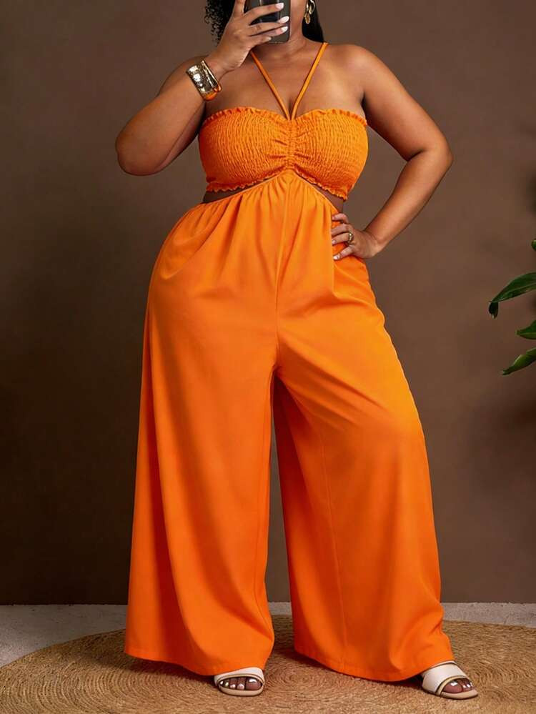 Slaydiva Plus Size Orange Summer Jumpsuit,Elegant Halter Neck Tie Front Wide Leg Vacation Night P... | SHEIN