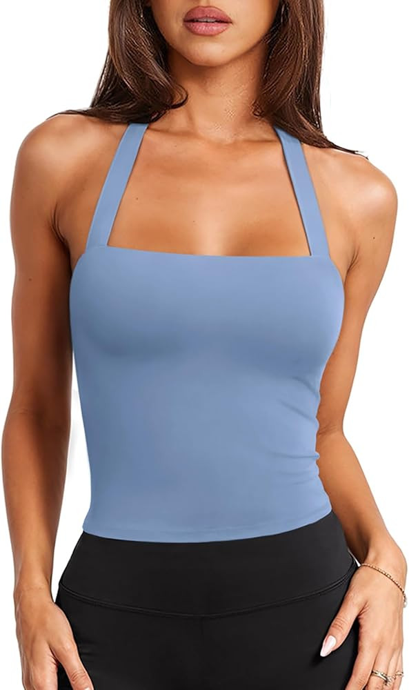 LASLULU Womens Sexy Halter Sports Bra Workout Tops Wirefree Sleeveless Gym Yoga Tank Tops Y2k Cas... | Amazon (US)