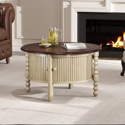 KTMBDW Round Coffee Table, 30.3" Coffee Table for Living Room,2-Tier Rustic Wood Desktop with Sliding Door Modern Design Home Furniture, Beige | Target