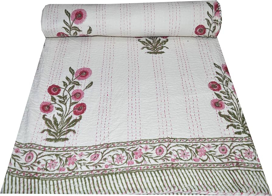 V Vedant Designs Indian Block Floral Print Twin Size Kantha Quilt Kantha Blanket Bed Cover Kantha... | Amazon (US)