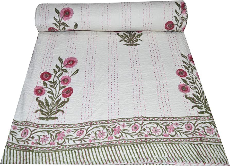 V Vedant Designs Indian Block Floral Print Twin Size Kantha Quilt Kantha Blanket Bed Cover Kantha... | Amazon (US)