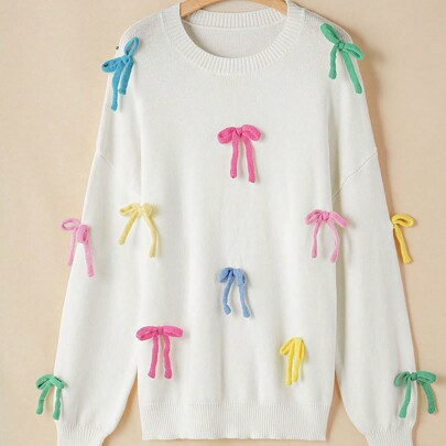 Colorful Bow Knot Decor Crewneck Drop Shoulder Puff Sleeve Sweater | SHEIN