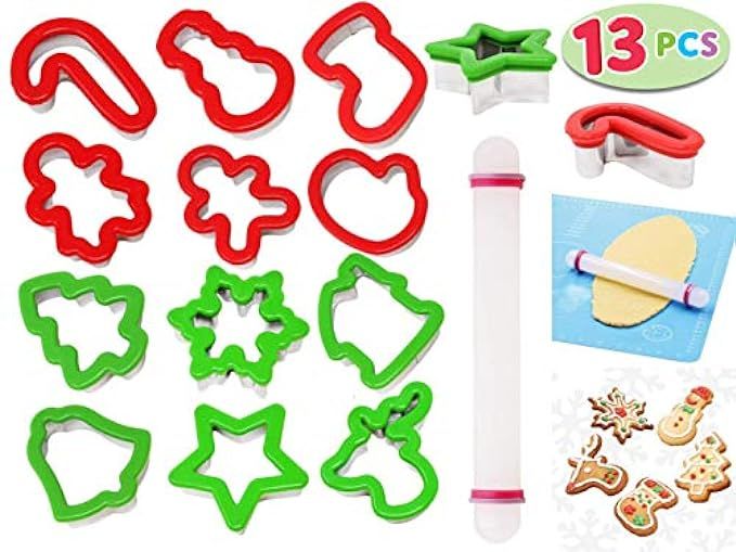 13 Pieces Stainless Steel Christmas Cookie Cutters with Comfort Grip 3.5í plus a Rolling Pin for Lar | Amazon (US)