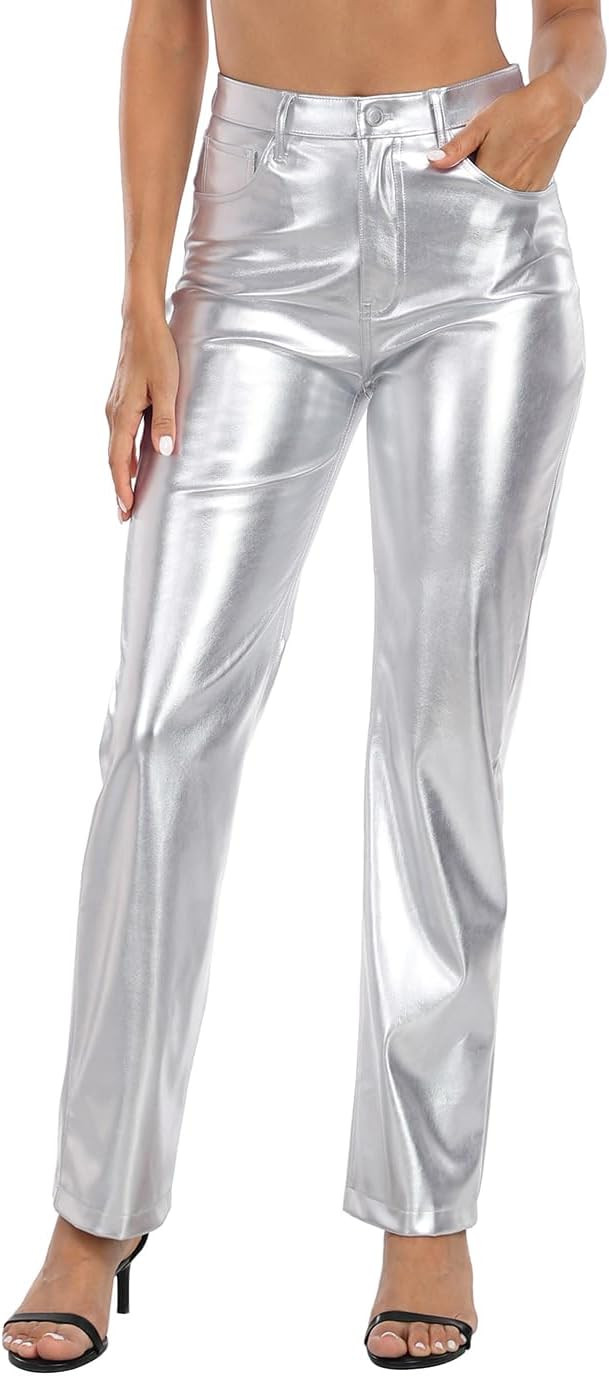 HDE Women's Shiny Metallic Faux Leather Pants High Waisted Straight Leg Trousers | Amazon (US)