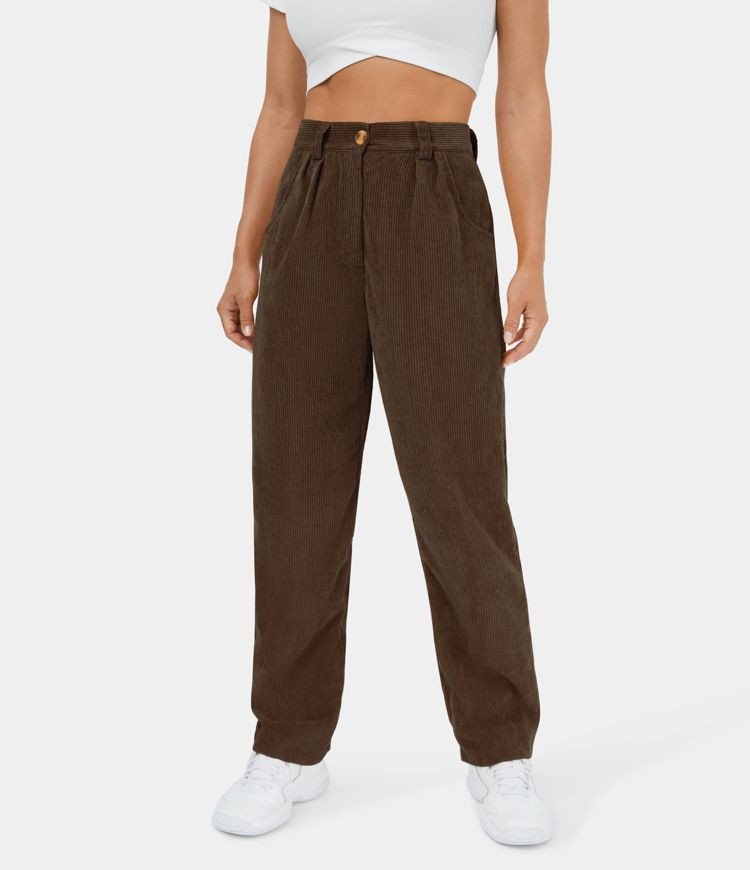 Women's Mid Rise Button Zipper Side Pocket Corduroy Casual Pants - HALARA | HALARA