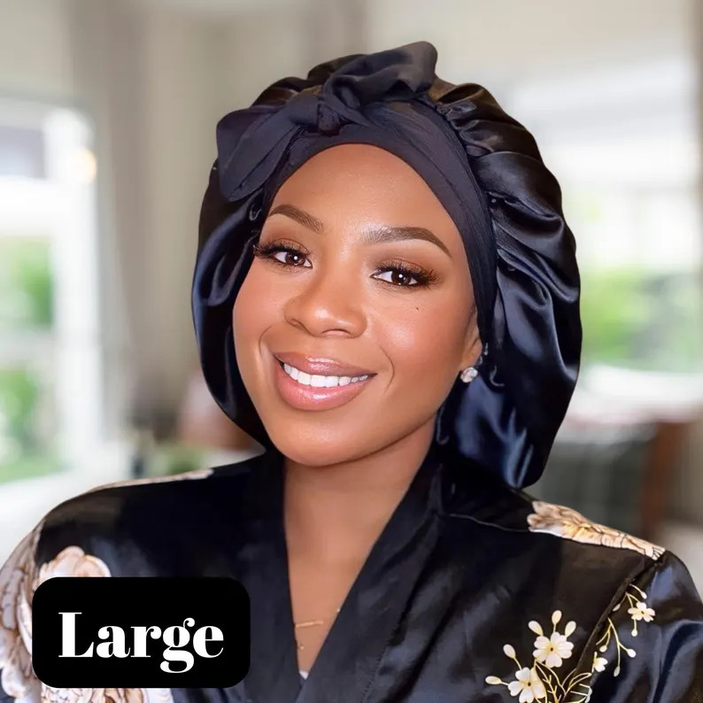 Black Charmeuse Silk Satin Hair Bonnet: Stretch Tie Sleep Cap | Etsy (Global)