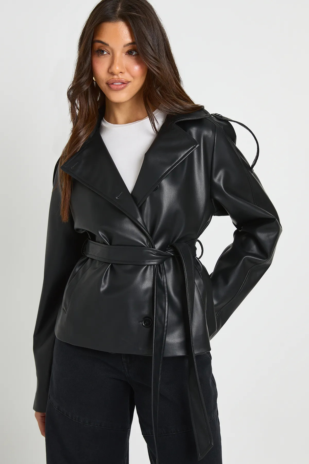 boohoo Women's Shoulder Pad Belted Faux Leather Jacket in Black | Size: 8 | Boohoo.com (UK & IE)