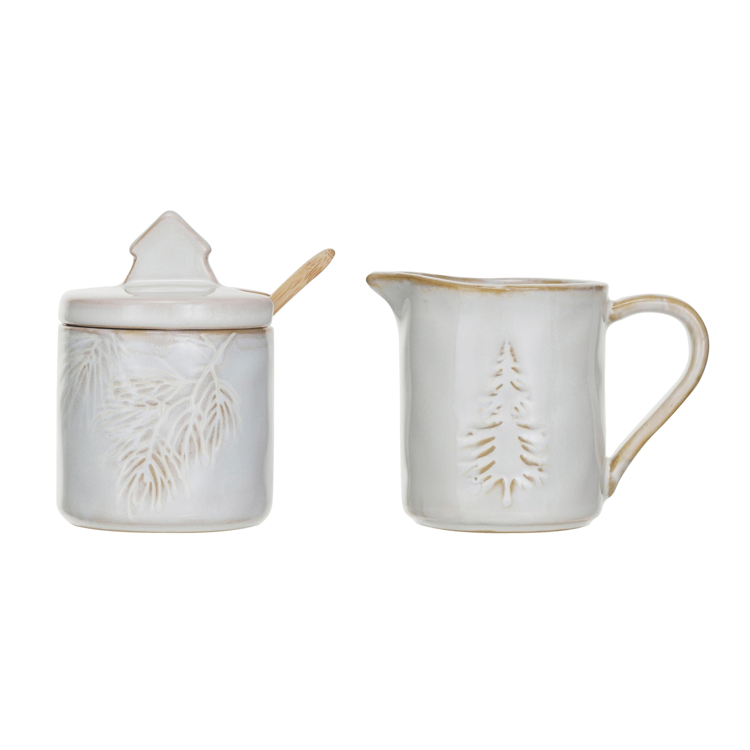 Creative Co-Op Tree Debossed Stoneware Creamer and Sugar Pot Set, White, Set of 3 | Amazon (US)