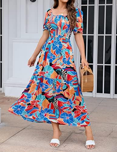 ZESICA Women's 2023 Summer Boho Floral Print Square Neck Ruffle Swing Beach Long Maxi Dress | Amazon (US)