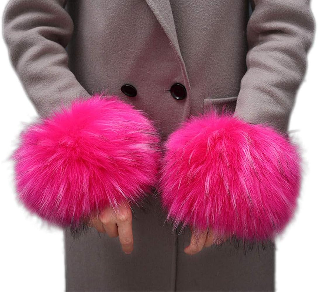 Tngan Winter Faux Fur Arm Warmers Short Furry Wrist Band Ring Cuff for Women | Amazon (US)