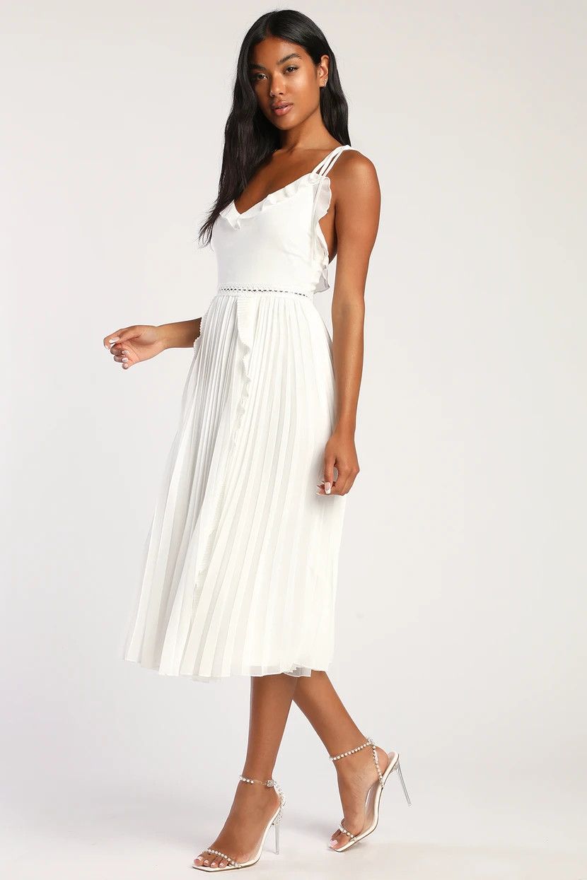 White Tie-Strap Pleated Midi Dress | Little White Dress | White Dress Bride Outfits | Spring Outfits | Lulus (US)