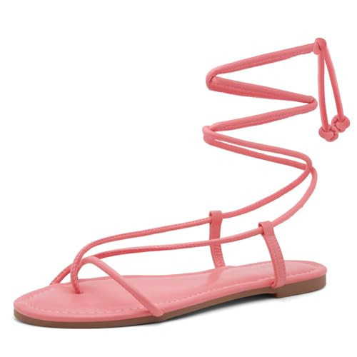 Shoe Land SL-Auday Women's Lace-Up Flat Sandals, Open Toe Tie-Up Ankle Wrap Slingback Crisscross Strappy Casual Sandals for Summer, Beach, and Daily Wear, HotPink, Size 10.0 | Amazon (US)