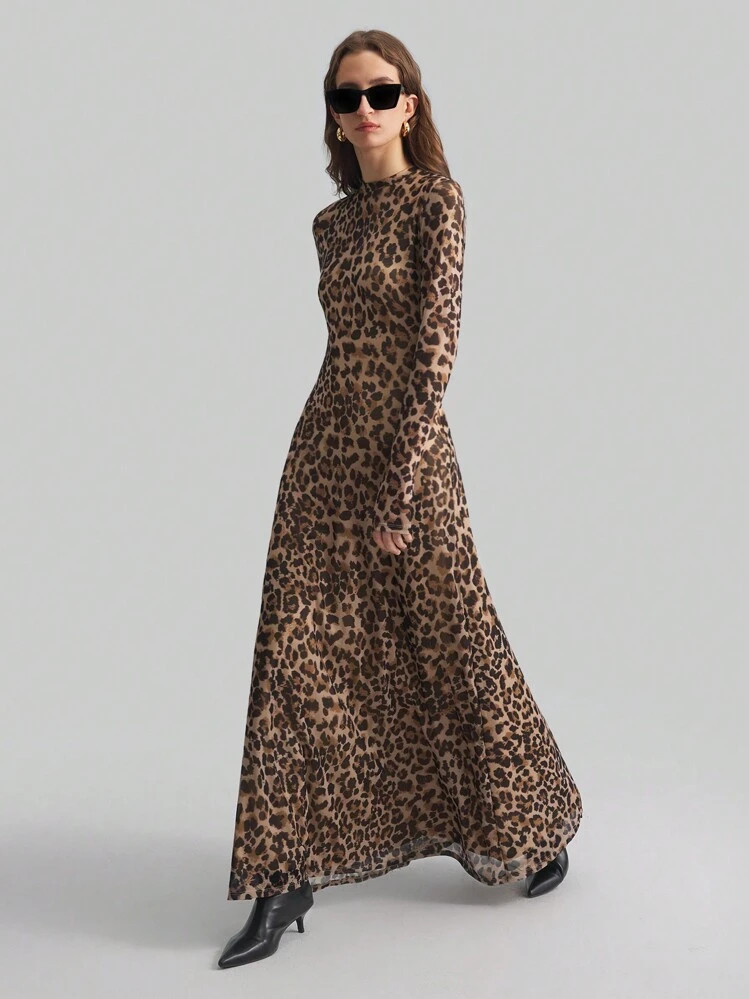 Ontre Women's 2025 New Elegant Modern Leopard Print Digital Pattern Sexy Midi Length Long Sleeve ... | SHEIN