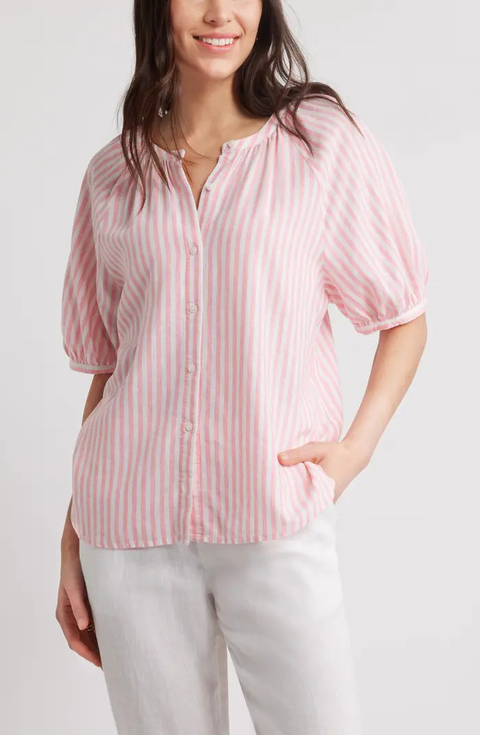 Caslon® Stripe Linen Blend Puff Sleeve Top | Nordstrom | Nordstrom