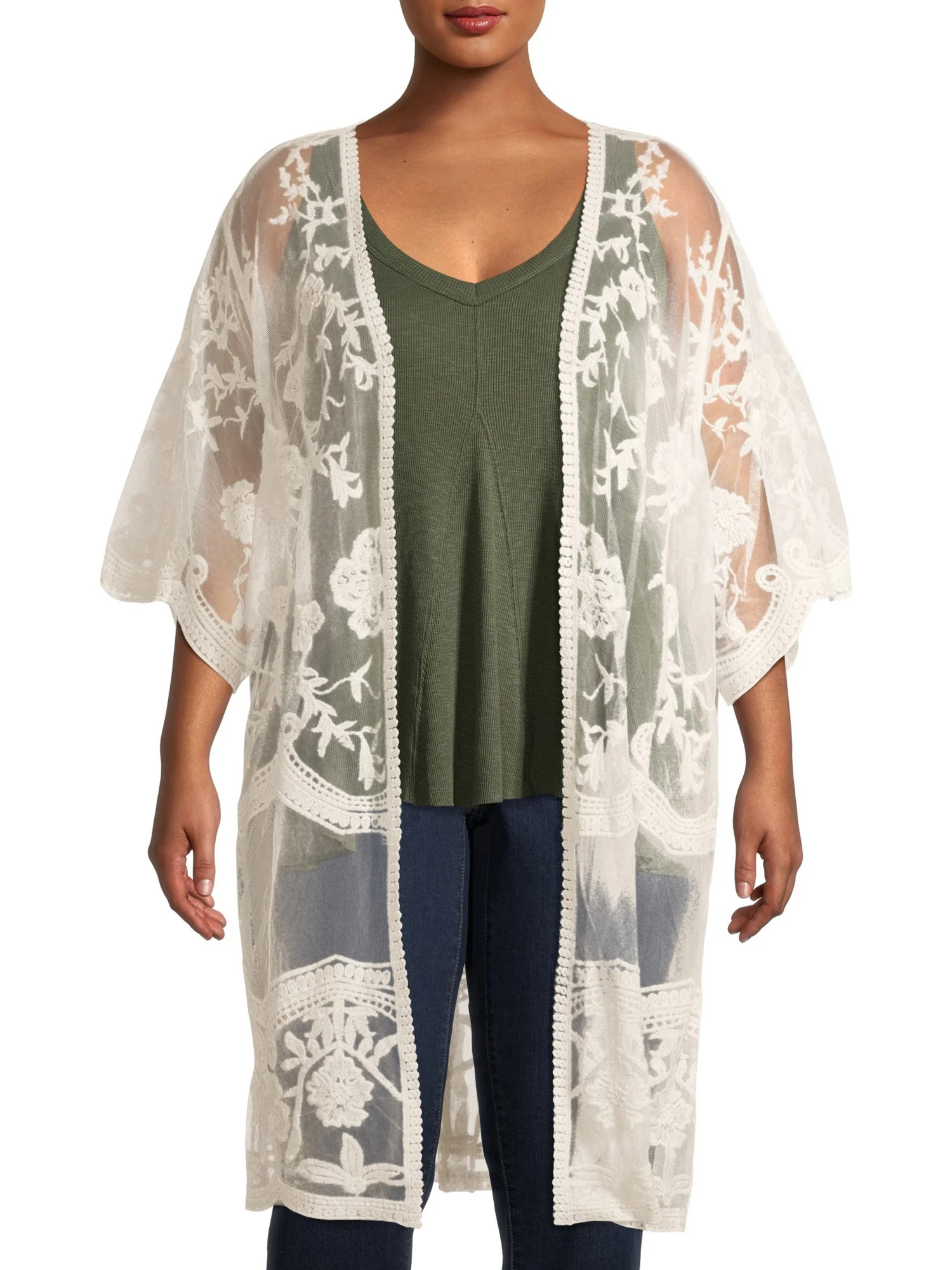 Time And Tru Women's Plus Size Lace Ruana with Scalloped Edge | Walmart (US)