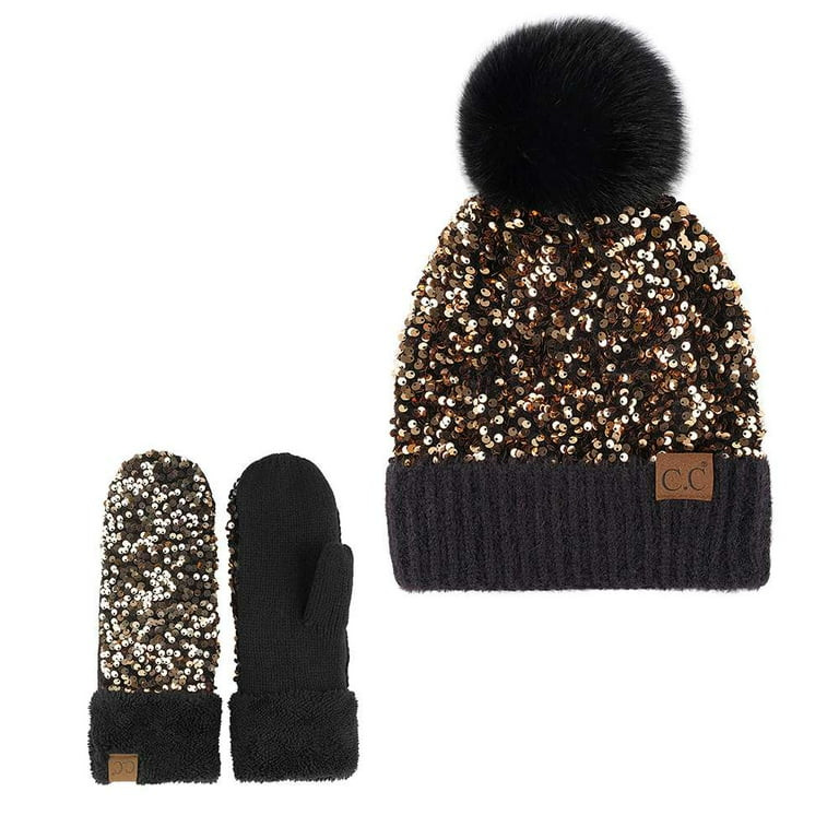 C.C Women Fuzzy Lined Sequin Fur Pom Beanie & Mitten Set, Gold | Walmart (US)